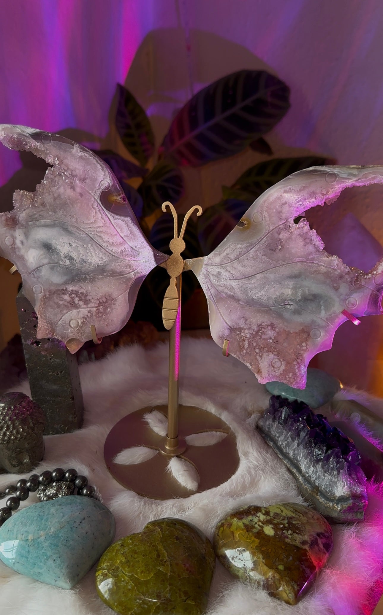 Pink amethyst druzy butterfly statement pieces