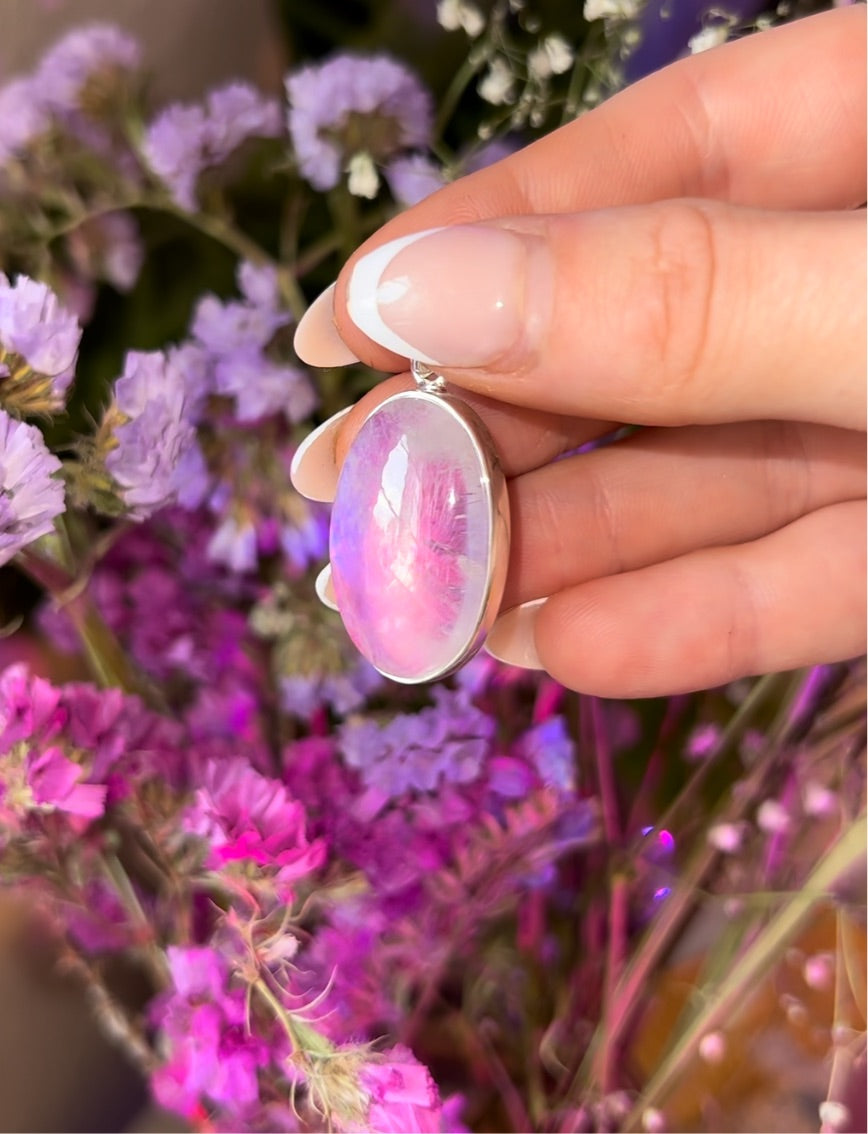 Pink moonstone sterling silver tear drop pendant